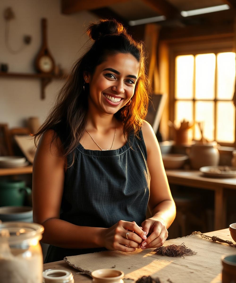 A woman entrepreneur smiling in her workshop