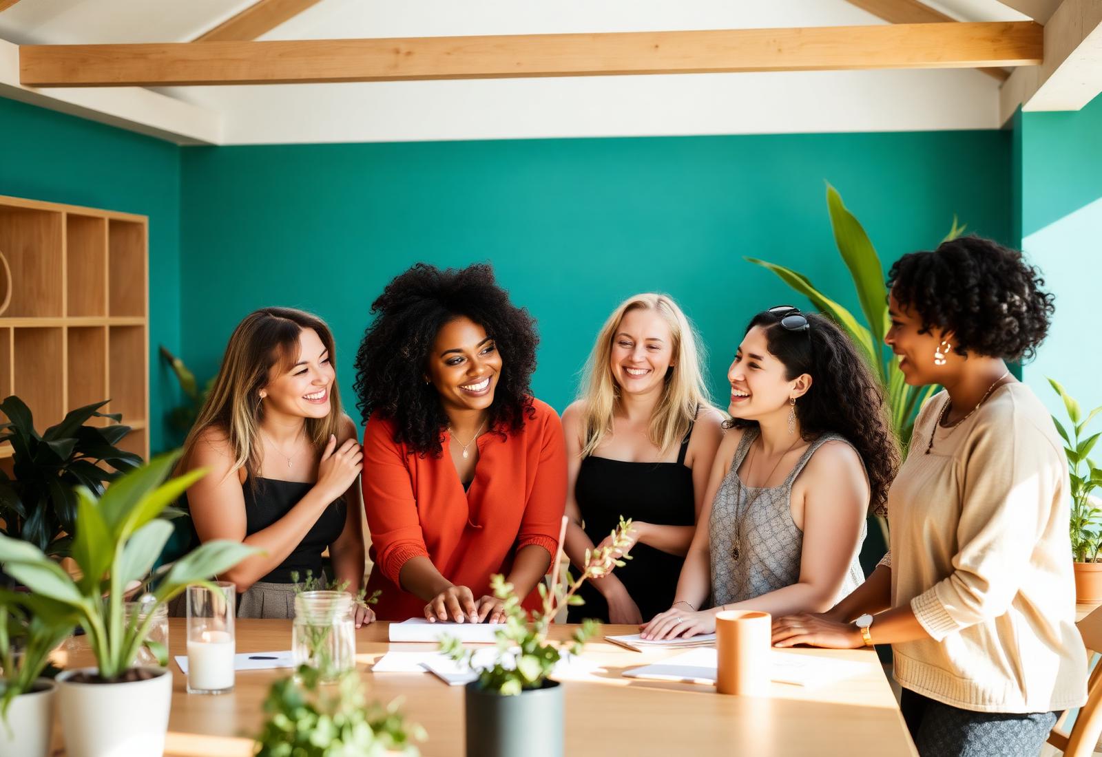 Diverse group of women collaborating around a workshop table